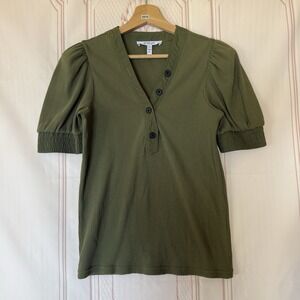 Derek Lam 10 Crosby V Neck Puff Sleeve Ribbed V Neck Top Olive Green Size XS